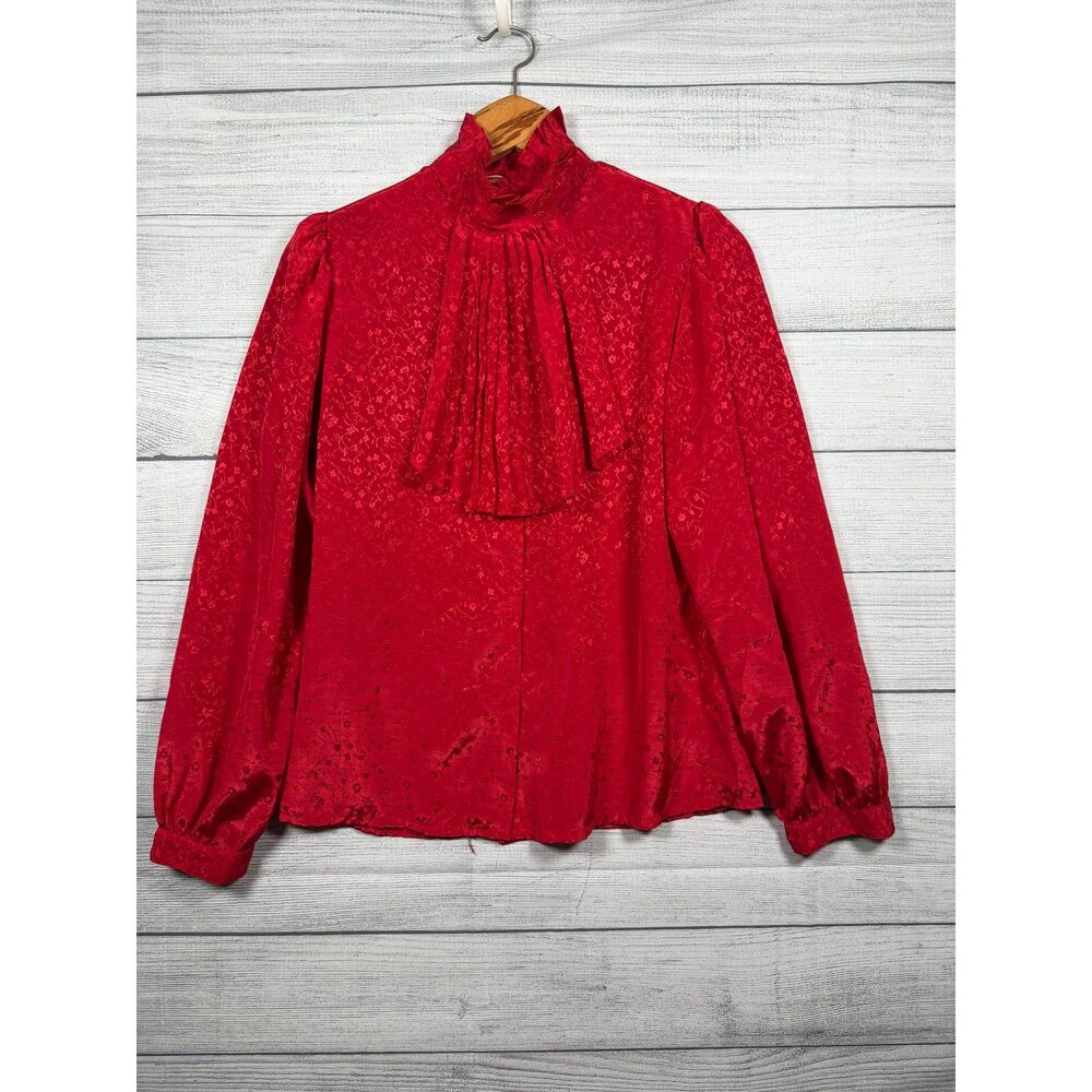 Vintage Casual Corner Women's 9 Red Jacquard Ruffle Secretary Blouse 1276